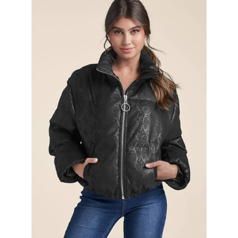 VENUS Python Printed Puffer Jacket Black Sz M Zipper Front Winter Outdoor